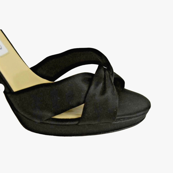Jimmy Choo 9.5 Satin Open Toe MACY Sandals CRYSTAL Ankle Strap Pumps Heel Black - Picture 9 of 10